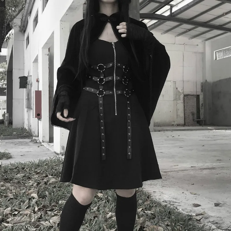 

Slim Body Woman Sexy Gothic Dress Dark Aesthetic Clothes 2021 Women Large Sling Off Shoulder V Neck High Waist Goth Dresses