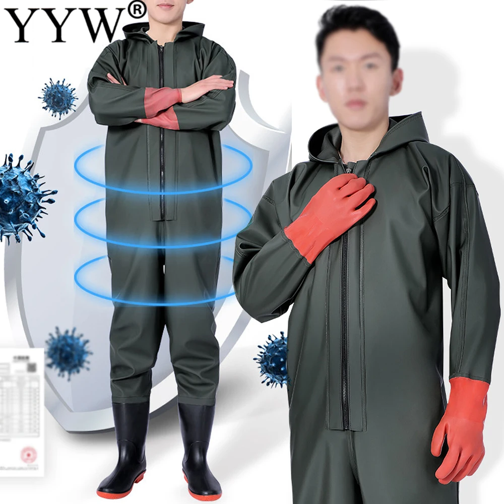Adult Hooded Long Sleeve Wader Pants With Boots Gloves Set Outdoor Fishing Hunting River Tracing Gear Waterproof Overall For Men