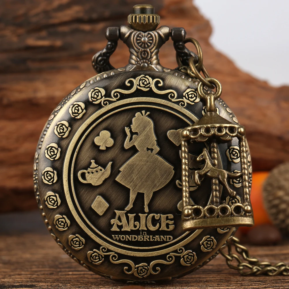 

Vintage Bronze Alice Quartz Pocket Watch with Accessory Chain Necklace Pendant Clock Cute Pocket Watches Gift for Girl Women