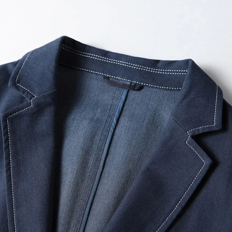 Men Casual Suit Blazer Spring Thin High Quality Denim Blue Suit Jacket Streetwear Boys Long Sleeve Button Up Top Grey Coat
