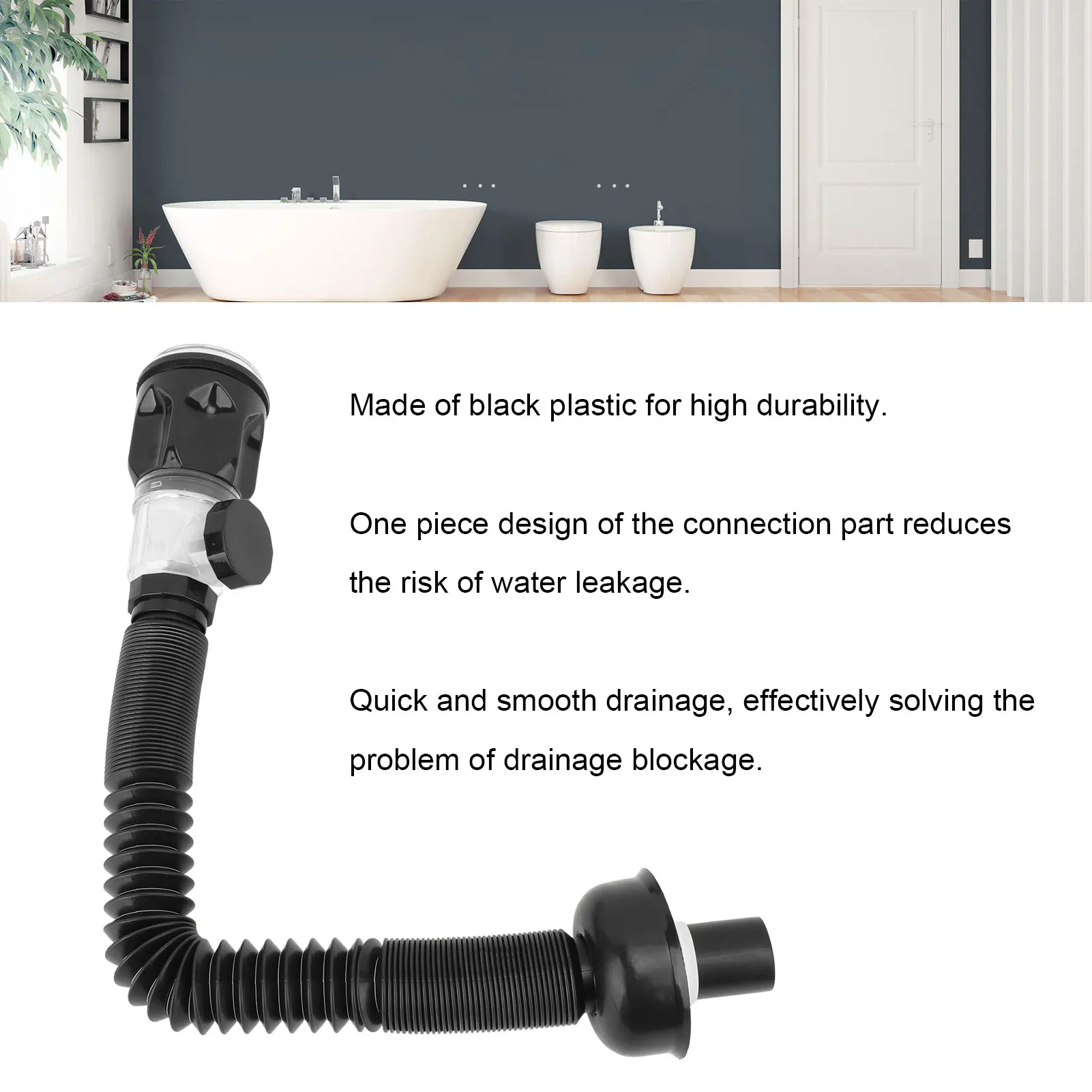 Basin Pipe Plastic Black One Piece Anti Clogging Sink Drain Tubing Pipe for Bathroom Sinks Laundry Sinks Bathroom