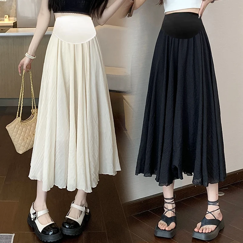 Summer Thin Ice Cool Linen Maternity Skirts Elastic Waist Belly A Line Bottoms Clothes for Pregnant Women During Pregnancy