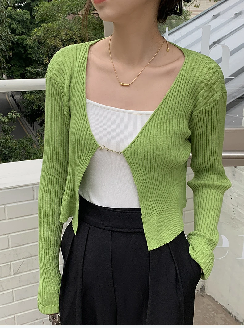 2022 Fashion Knit Woman Tops Blouses Women Long Sleeve Metal Chain Open Front Slim Crop Tops Autumn Sexy Elegant Blouse Shirts cable knit sweater