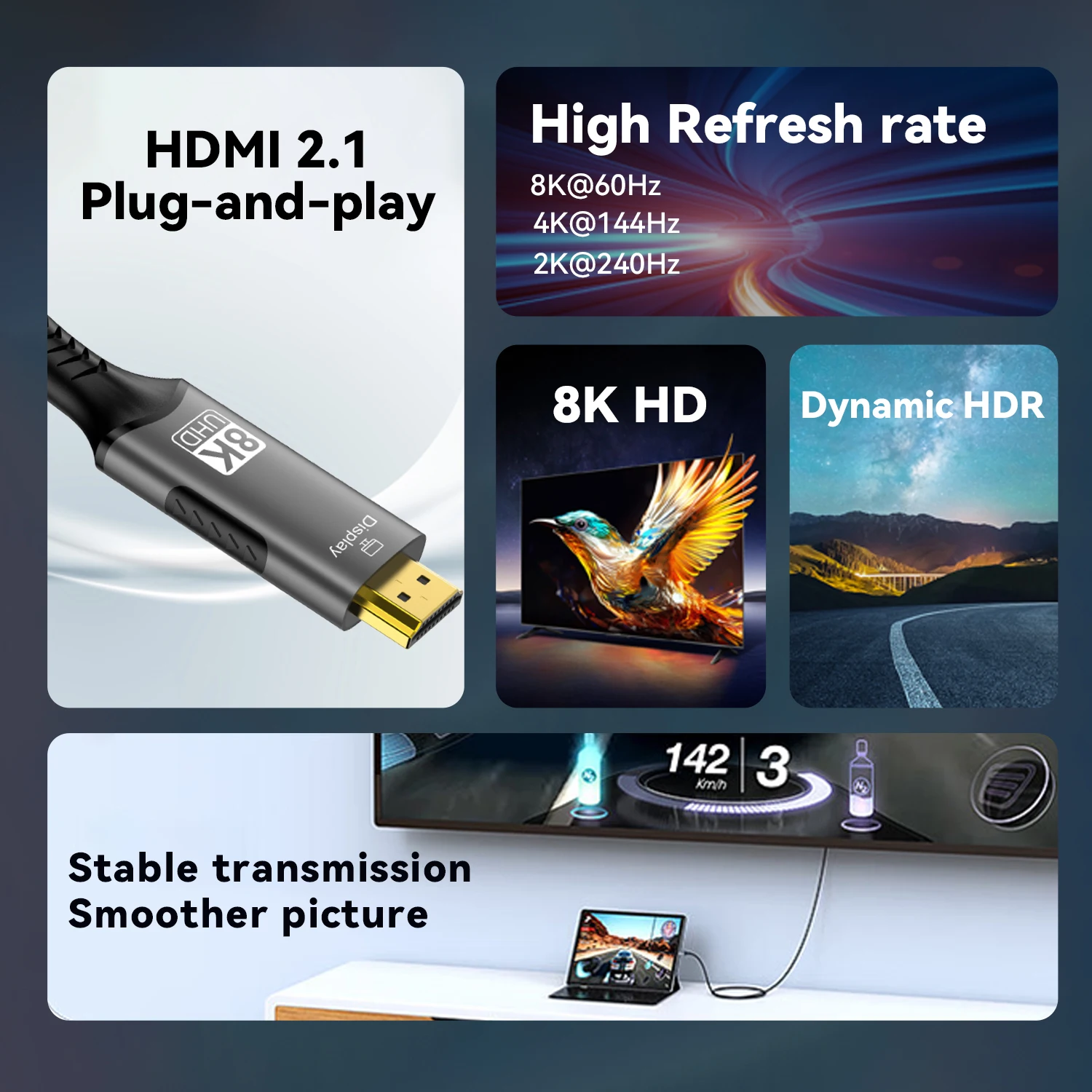 High-Performance 8K USB-C to HDMI 2.1 Cable with HDR10 & HDCP 2.3 Support