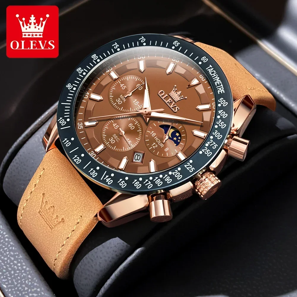 

OLEVS 9957 Waterproof Multi-function Men Wristwatch, Genuine Leather Strap Sport Quartz Watch For Men Luminous Chronograph