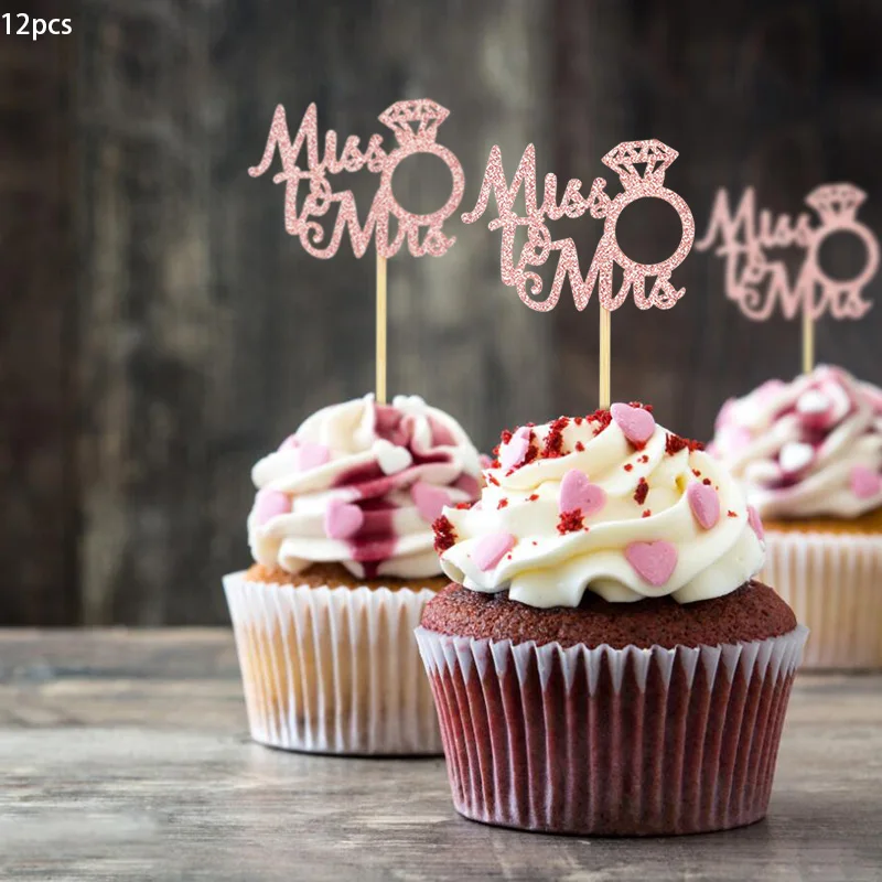 24Pcs Gold Glitter Mr & Mrs Cupcake Toppers - Wedding Bridal Shower Cake Decorations