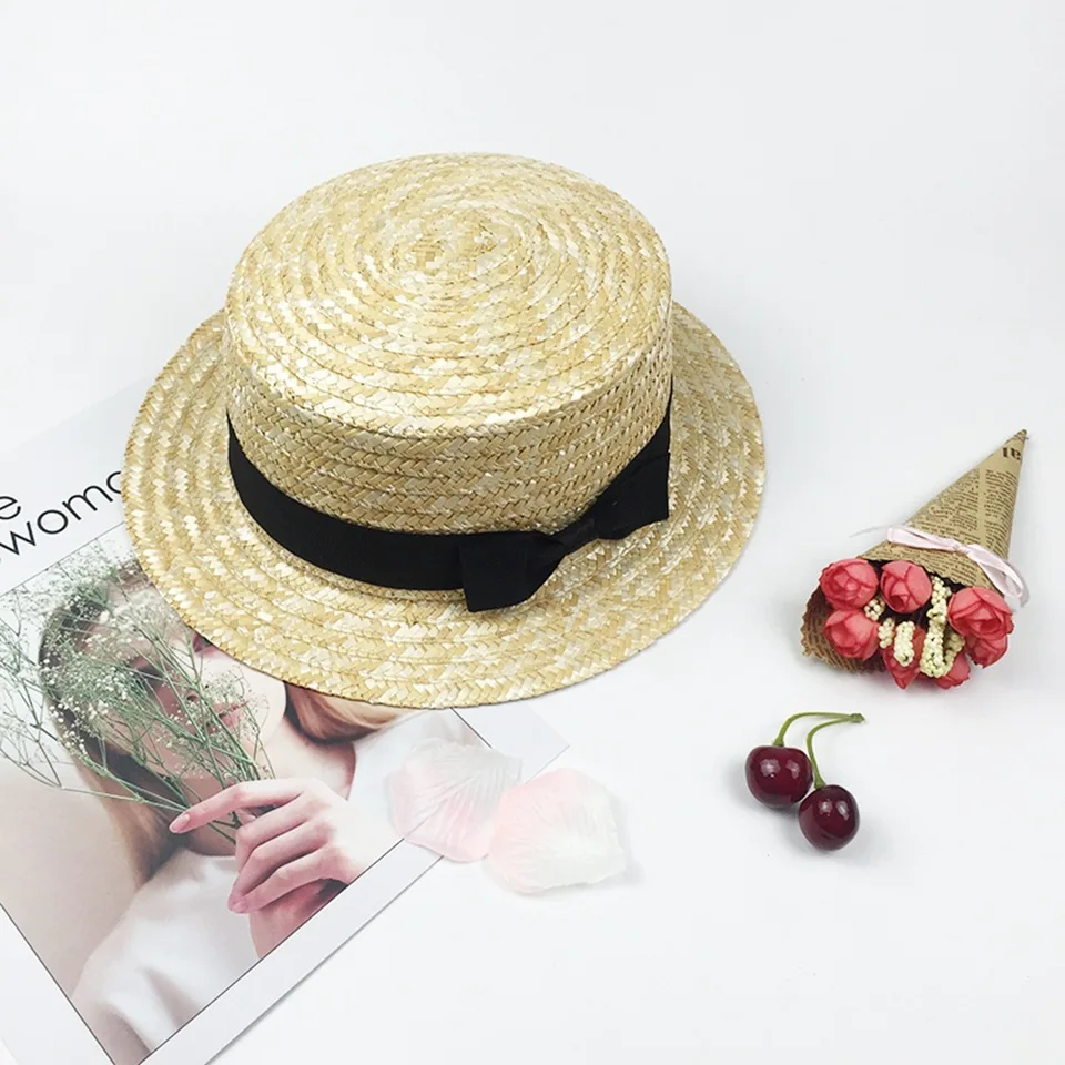 Kids girls nature sun hat Flat Bowler hat Wheat Straw Boy Children women casual summer beach bow ribbob sunscreen hats