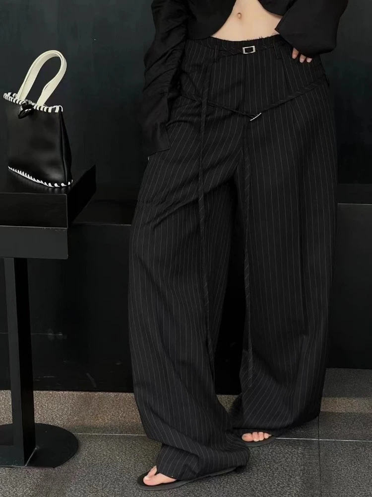 HOUZHOU Vintage Striped Oversize Suit Pants Youthful Woman Korean Style Trousers Elegant Harajuku Baggy Classic Y2k Old Money
