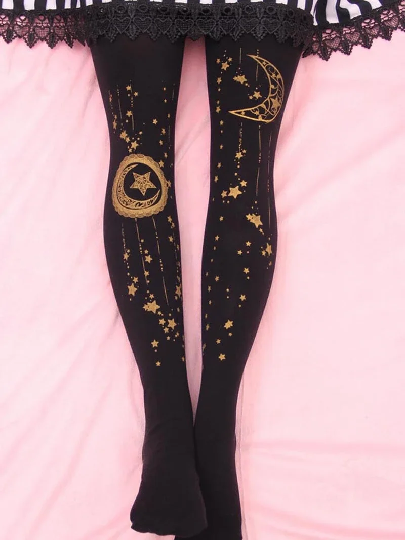 Lolita Pantyhose Sweet Mori Girl Tights Kawaii Gold Star & Moon Stamped 100D Lolita Pantyhose