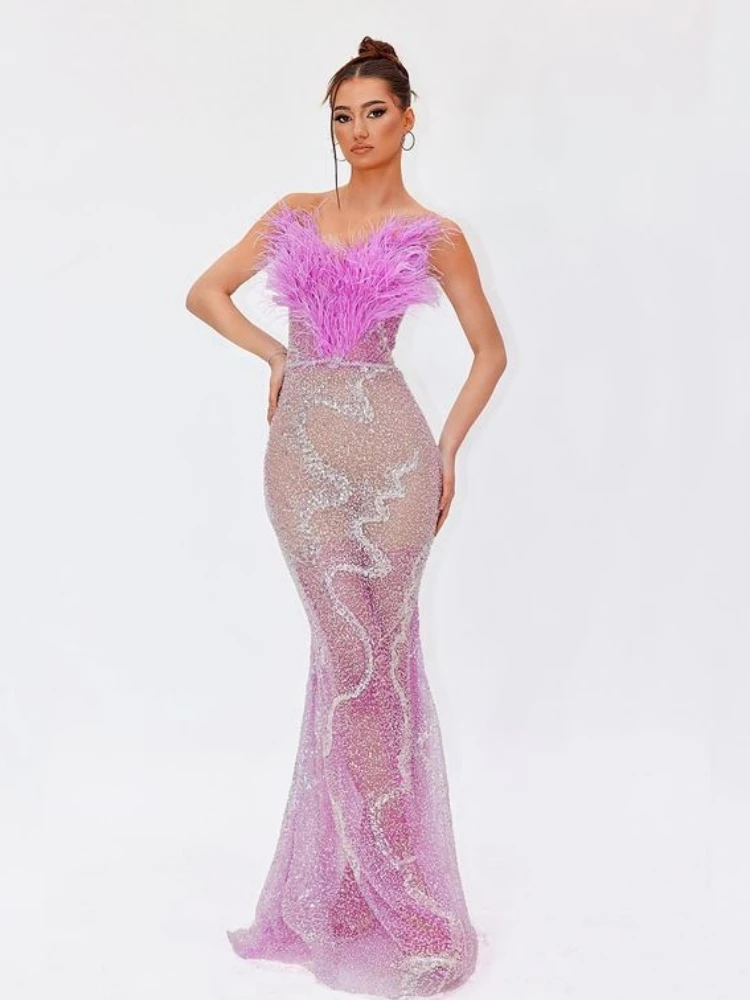 

Sexy Luxury Feathers Patchwork Sequins Prom Maxi Dress Women Pink Sling Sparkling Sequined Slim Long Dresses Evening Party Gowns