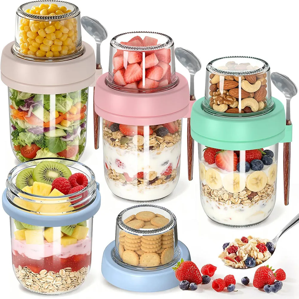 Overnight Oats Containers with Lids and Spoons,Dual-Layer Glass Mason Jars with Dry and Wet Separation for Oatmeal Salad Yogurt