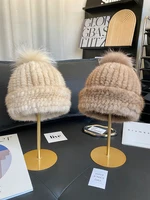 New Women Winter Natural Mink Fur Hats Knitted Real Mink Fox Fur Ball Caps Female Russian Warm Beanies Hat Fur Hat 1