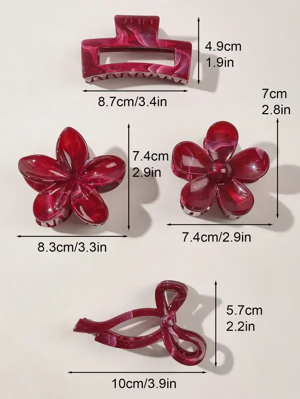 4Pcs Autumn Winter Burgundy Bow Square Flower Hair Claw Clips for Women MultiStyle Red Fashion Hair Accessories Headwear Hairpin