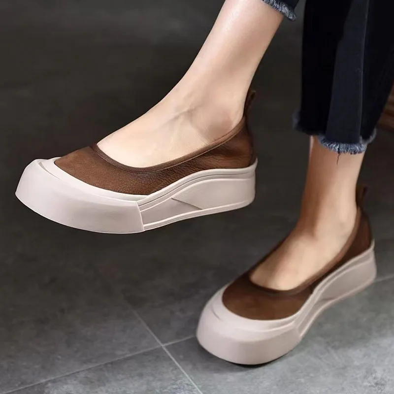 Women Loafers Autumn Thin Shoes 4cm Platform Heels Fashion Thick Sole Flatform Shoes New Slip-on Pumps Soft Leather Casual Shoes 6
