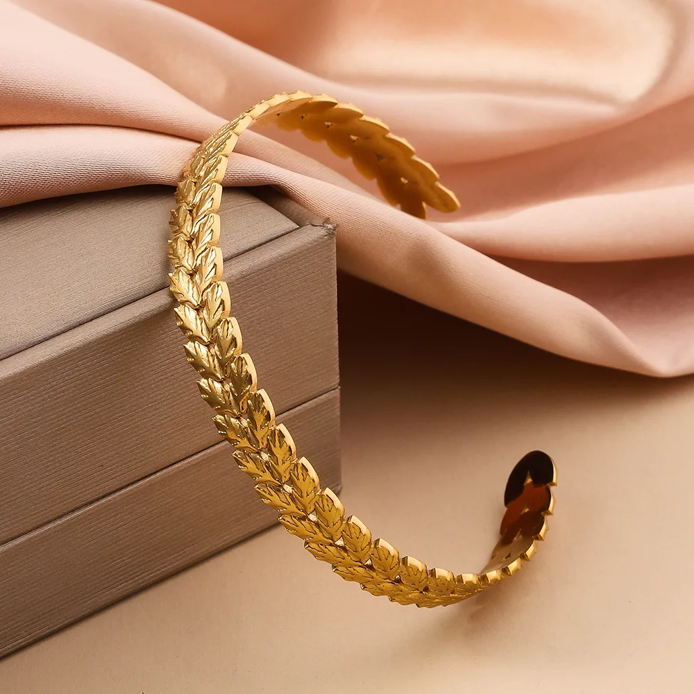 Women's Retro Adjustable Leaf Shaped Bangle Bracelet, Non Fading Exaggerated Stainless Steel Gold Color Metal Bracelet 5