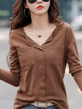 2025 طويلة الأكمام الخريف الشتاء النساء سلوب القطن تي شيرت الإناث الأخضر الخامس الرقبة بلون تي شيرت القهوة الكورية لينة فضفاض القمم 2