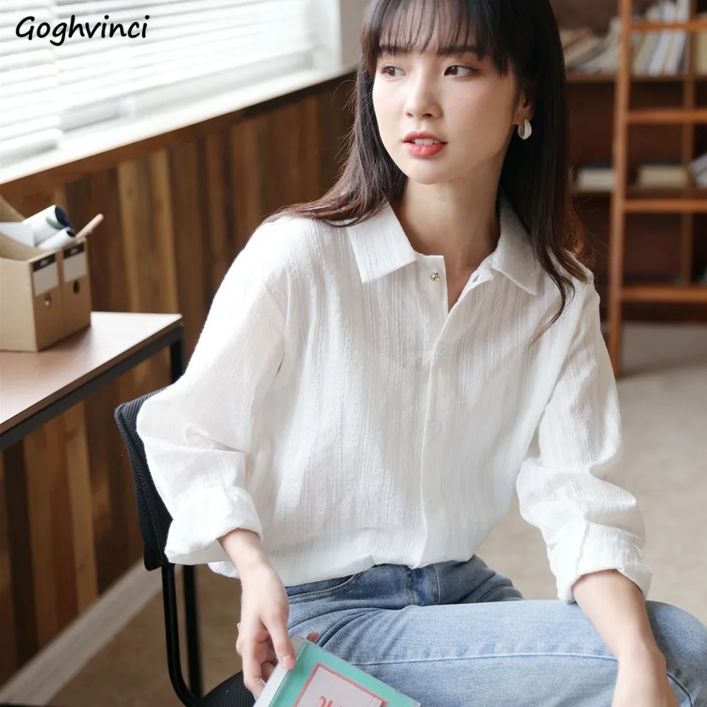 

French White Long Sleeve Shirts Women Tender Folds Design Spring Autumn College Stylish Vintage Turn-down Collar Tops BF Style