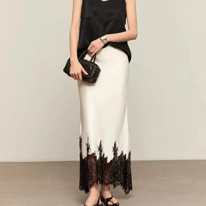 Fairy Lace-Trim Satin Midi Skirt High Wasit Elegant Wrapped Hip Long Skirts Party 2025 Fashion Trends Summer Women Clothing 2