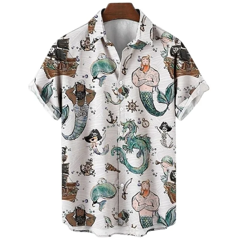 Mermaid retro printed shirts Men's European and American pattern Summer casual short sleeved shirt Hawaiian button 5