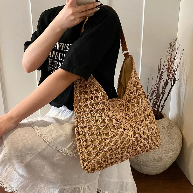Women Weaving Clutches Top-handle Bag Large  Portable Shoulder Bag Summer Beach Purses Shopper Satchel Female Tote Bags