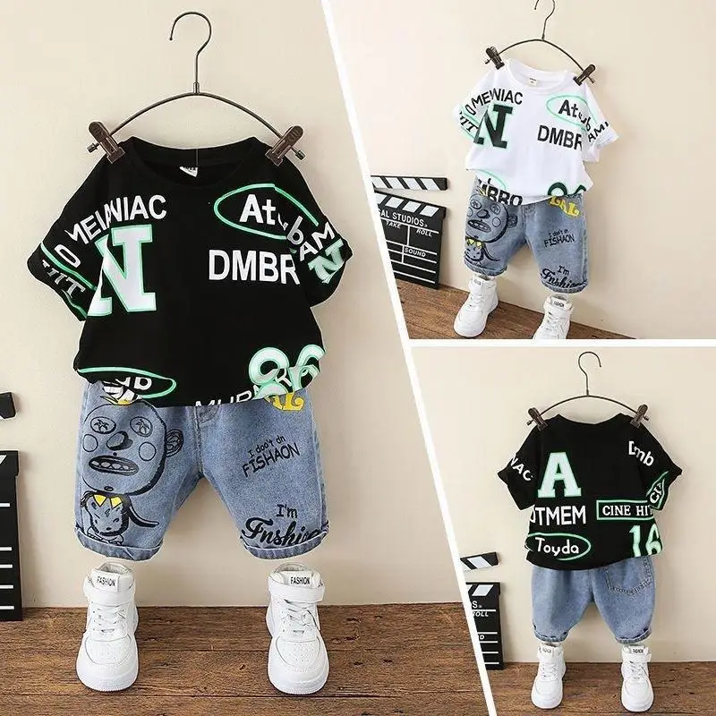 

Summer Casual Kids Clothes Boy Cotton Letter T-Shirt Jean Short Outfit 4 6 8 10 12Years