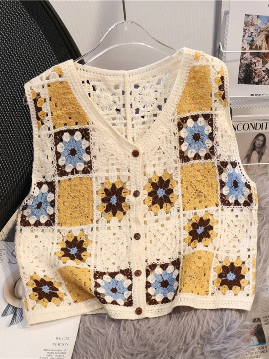 여성 브이넥 기하학 꽃무늬 가디건, 꽃무늬 파인 니트 조끼, 빈티지 루즈핏 크롭탑, 여름