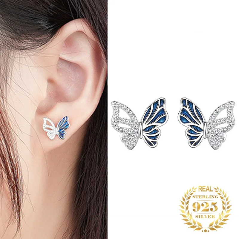 

Korean Elegant Insect Fine Jewelry Sets 925 Sterling Silver Hollow Zircon Butterfly Stud Earrings For Women Trendy Earrings