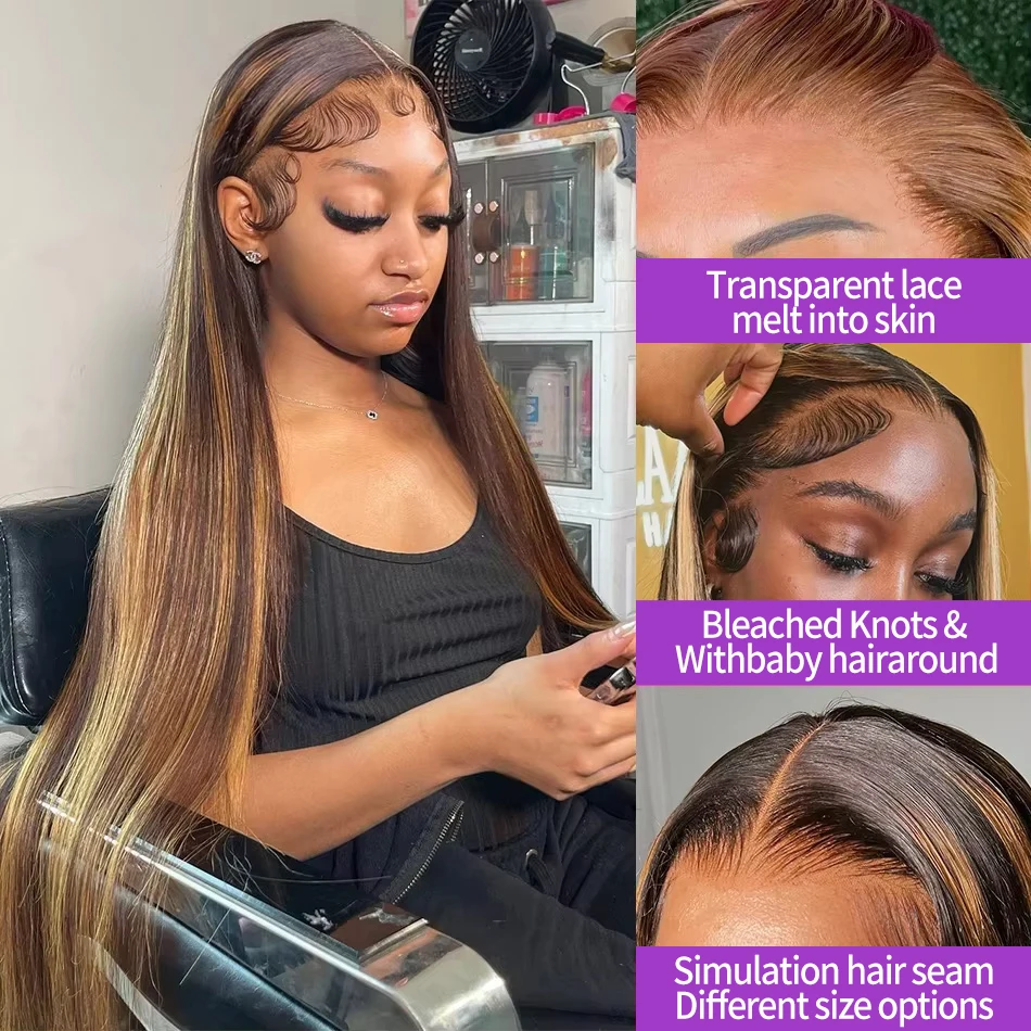Highlight Wig 13x6 Human Hair Honey Blonde Brown Colored HD Lace Front Wigs For Women Pre Plucked Bone Straight Lace Frontal Wig 2