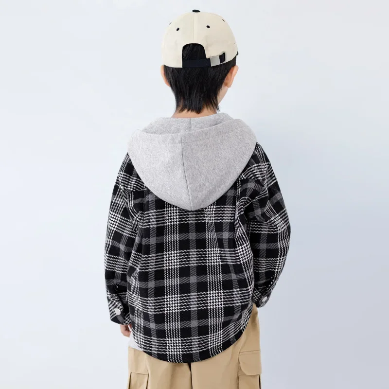 EKchildren's Wear Spring Autumn Plaid Hooded Cotton T-shirt Boys Pure Cotton Loose-Fit Unique Medium Large Children Trendy Cool