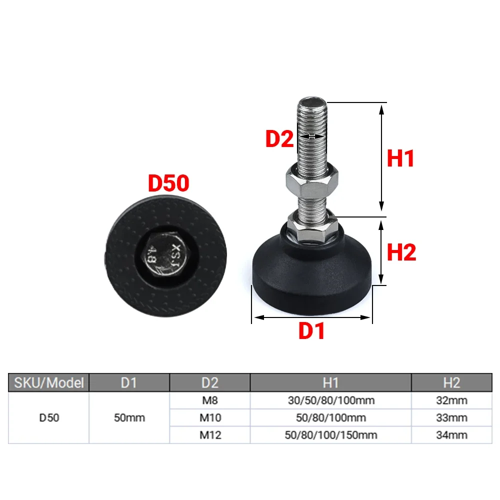 Lathe Levelling Feet 4Pcs Adjustable Lathe Leg Dia 50mm Thread Type SS304 Stainless Steel Foot Pad Levelling Feet Swivel Base Articulating Leg M8 M10