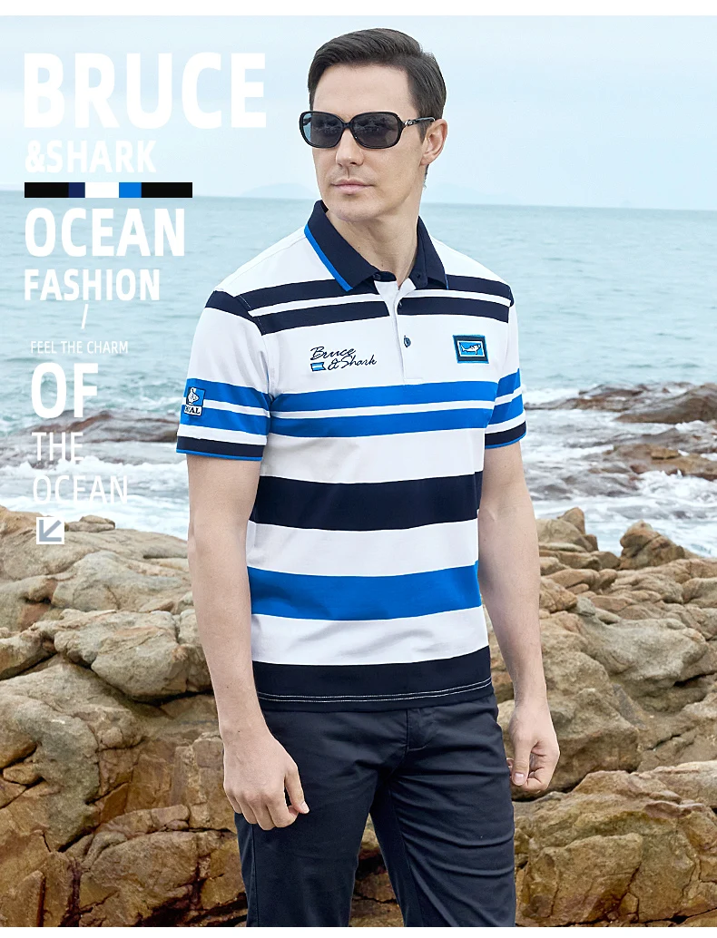 Summer New Embroidery Men's Striped Polos Short Bruce&Shark Casual Fashion Blue T-shirt Loose Breathable Men's Red Tee Size 4XL 12 Sa09240ba3dc3455bb04e4ad910bcc1b2J
