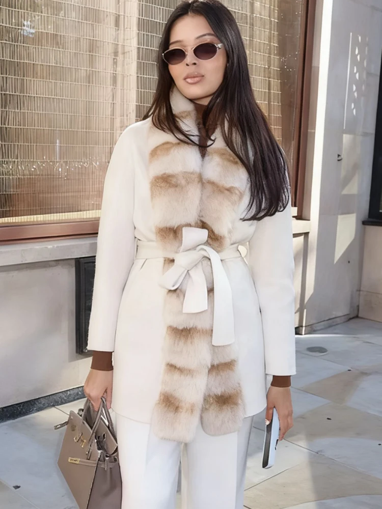 2025 Winter Women Fashion With Faux Fur Collar Coat Woman Elegant Thick Warm Jacket Long Sleeve Belt Casual New Outerwear ﻿ ﻿
