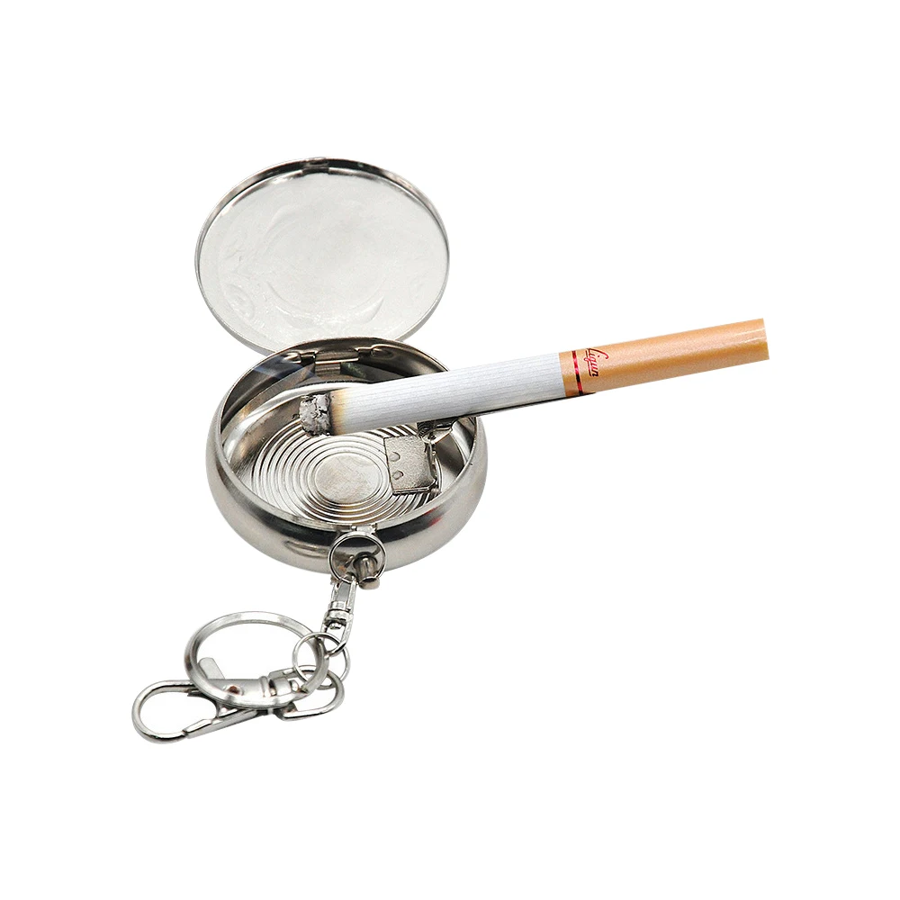 Creative portable metal ashtray circular cigarette ashtray with keychain pocket ashtray, portable ashtray, cigarettes ashtray, metal ashtray