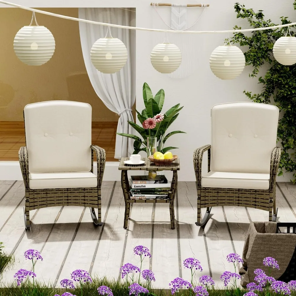 3 Pieces Outdoor Rocking Chairs Wicker Bistro Set, Outdoor Furniture Set with Porch Chairs and Coffee Table , Beige 2