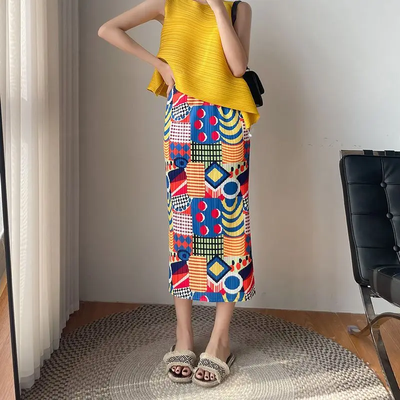 여성용 클래식 프린트 플리츠 힙 랩 스커트, 통풍 뜨게, 중간 길이, 올매치 캐주얼, 올매치, 여름 레이디 스커트, 패션