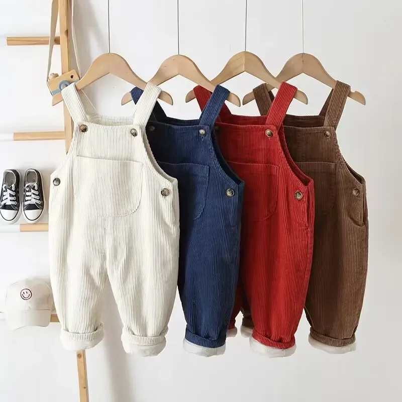 

Children'S Corduroy Overalls Winter Thickened Plus Velvet Jumpsuits Baby Warm One-Pieces Bodysuit Boys Girls Retro Simple Trouse