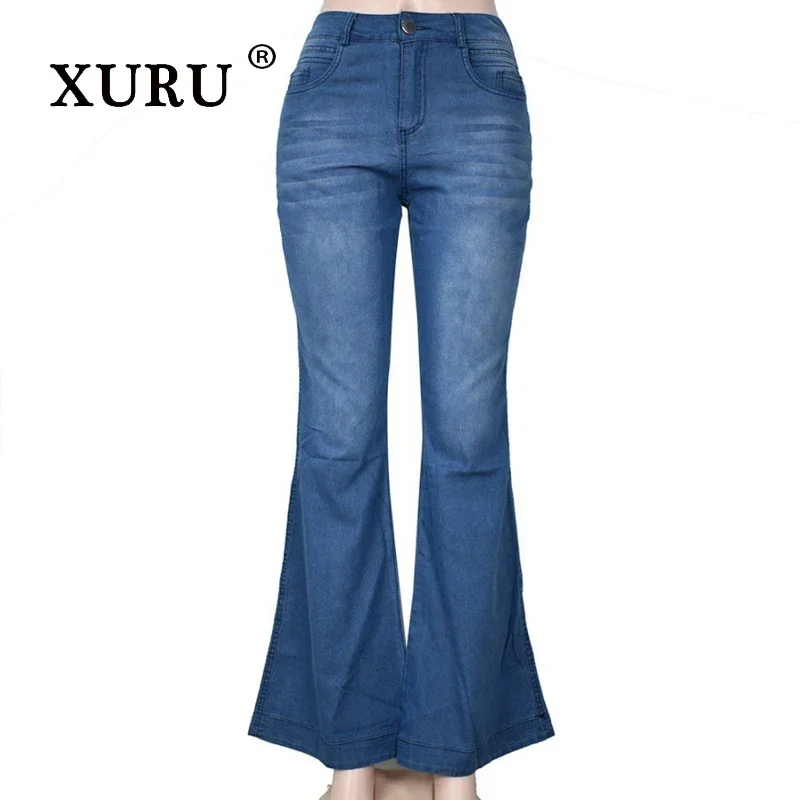 XURU - European and American New High Waist Micro Elastic Wide Leg Jeans for Women, Black Light Blue Dark Blue Long Jeans 8-3162