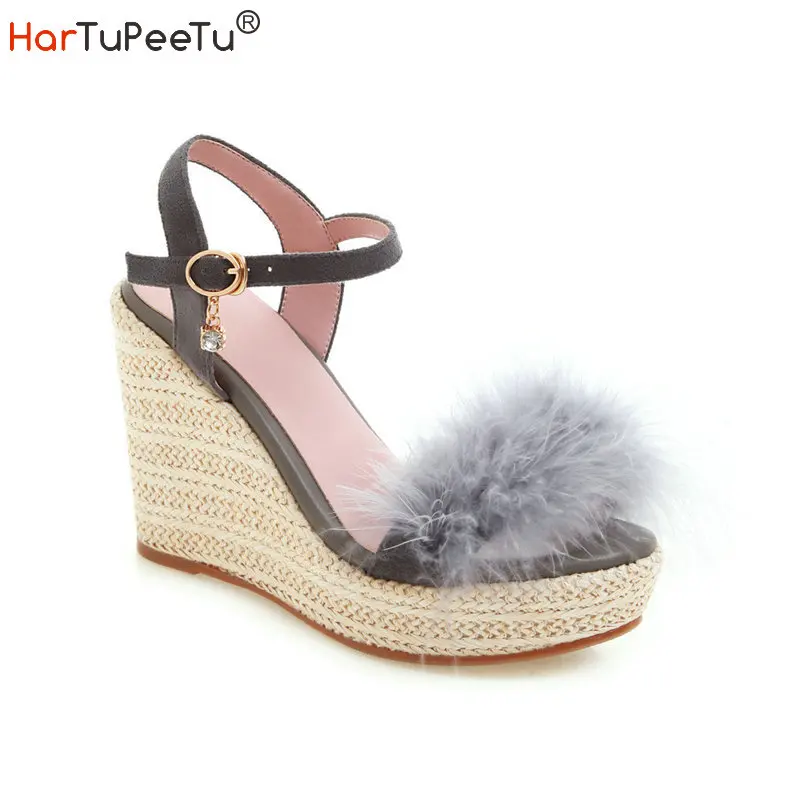 

Beach Dress Wedges Sandals Women Summer 2022 Flock Patchwork Rabbit Fur Gladiator Shoes Zapatos Mujer Size 34-43