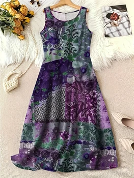 Summer Fashion Round-Neck Women's Dresses Botanical Floral Color-Blocked Patchwork Dresses Travel Party and Beach Dresses 3