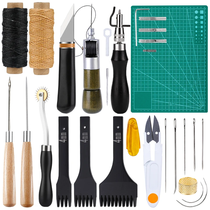 

LMDZ 21Pcs Professional Leather Craft Tools Kit Hand Sewing Stitching Punch Carving Work Saddle Set Accessories DIY Tool Set