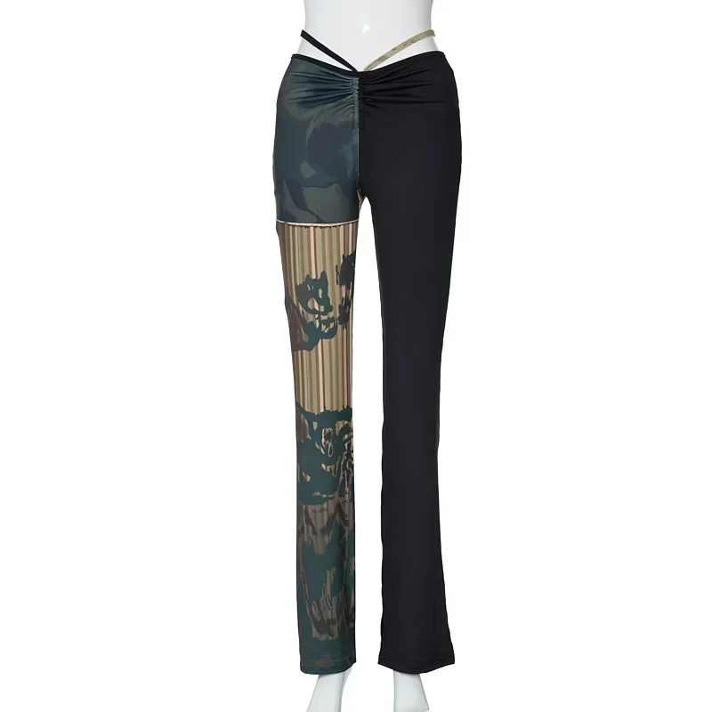 Gothic Y2k Women's Pants Punk Sexy Waist Tether Suckling Tie Dye Printing Contrast Color Stitching Trousers Street Wear Woman