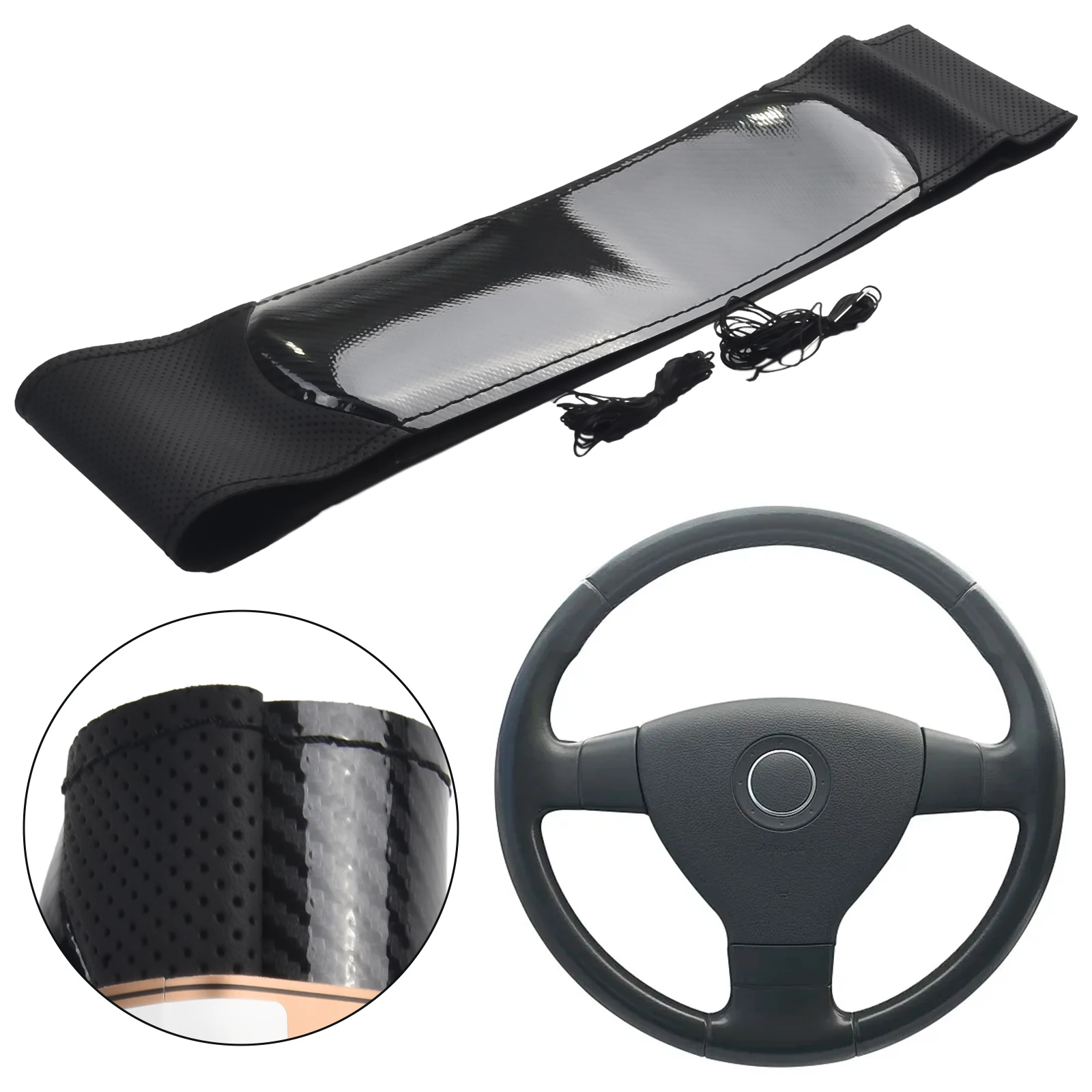 

1x Steering Wheel Cap Black 15"/38cm DIY Carbon Leather Car Steering Wheel Cover With Needles&Thread Fit 37-38cm Soft Anti-slip