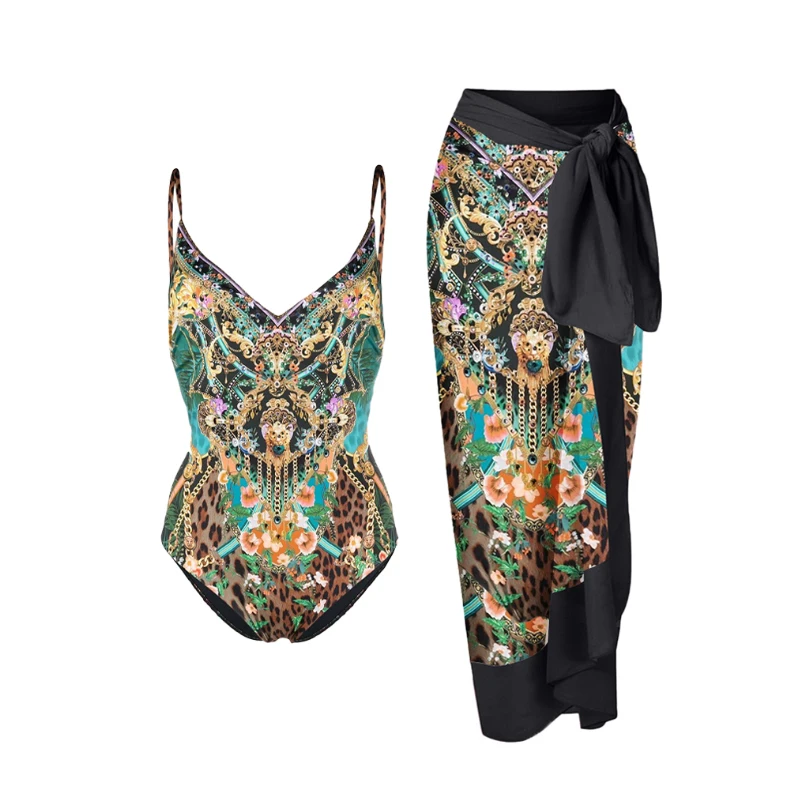 Golden Print Swimsuit Sexy Retro Baroque V-Neck Swimwear One Piece Novelty Bodysuit Push Up Lady Beachwear Vintage Cover-up