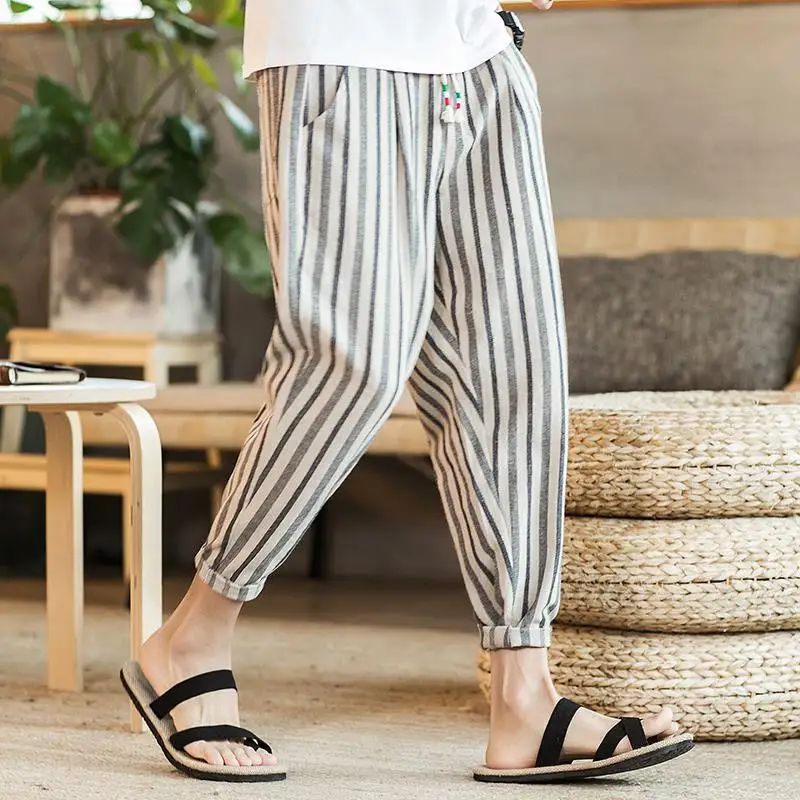 Elegant Fashion Harajuku Slim Fit Ropa Hombre Loose Casual Sport All Match Cropped Pants Thin Style Cotton Linen Stripe Pants