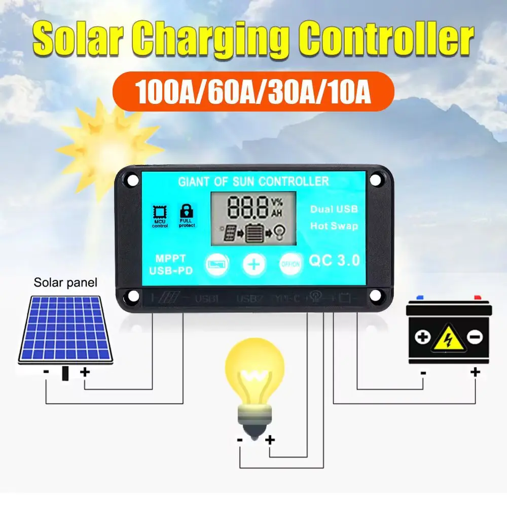 

10A/30A/60A Auto Solar Charger Controller 12V 24V MPPT Controllers LCD Display 5V Dual USB Output Solar Regulator Controller