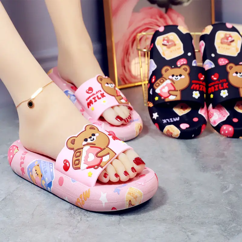 Women's Slippers Summer Thick Bottom Cartoon Cute Bear Home Bathroom Sandals and Slippers Non-slip High-heeled Fashion Wear
