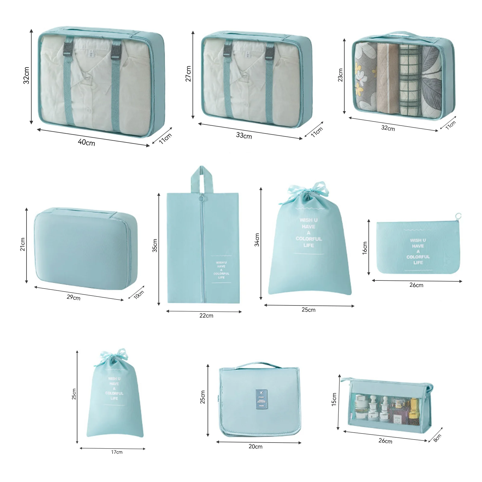 10-Piece Travel Packing Cube Set, Foldable Luggage Organizers with Mesh Window for Clothes and Shoes Storage