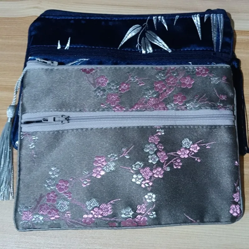 

10pcs Custom Large Silk Brocade Double Zipper Pouch Cell Phone Purses Travel Jewelry Cosmetic Makeup Storage Bags Packaging
