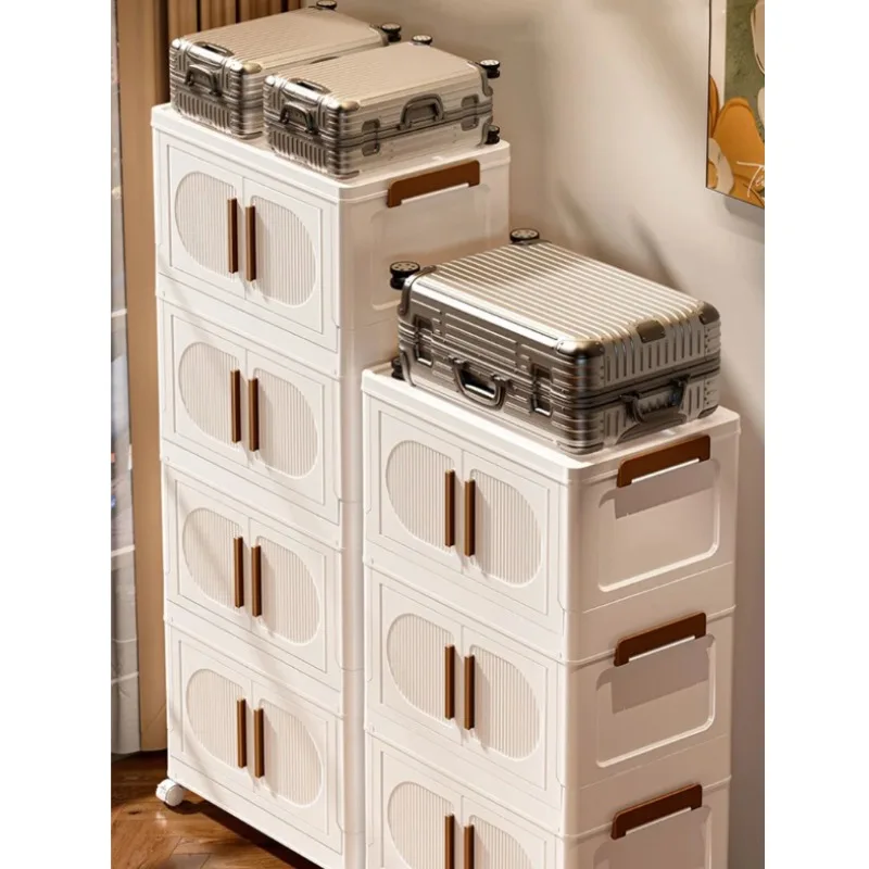 Household Folding Stackable Storage Boxes with Doors and Wheels Large Capacity Plastic Wardrobe Bins Collapsible Cabinet Box