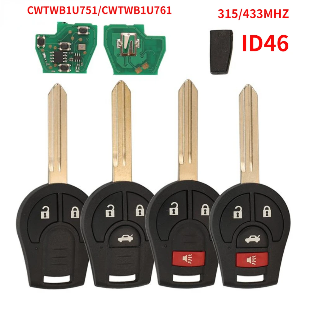 2/3/4 Buttons Remote Car Key Fob 315/433MHZ ID46 for Nissan SUNNY Sylphy TIIDA LIVINA PALADIN March CWTWB1U751/761